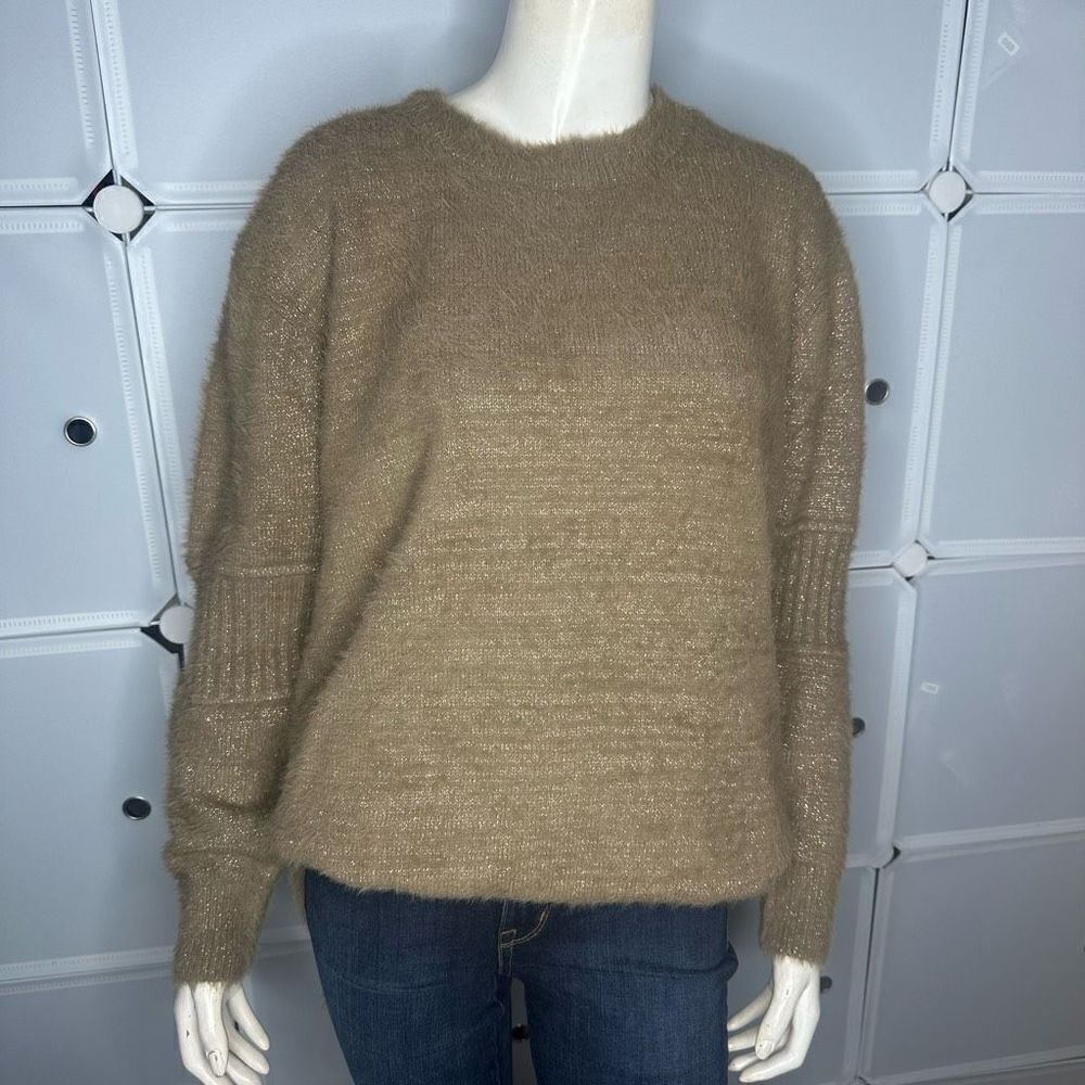 Boutique Super Soft Tan Crew Neck Sweater With Shimmering Gold Detail